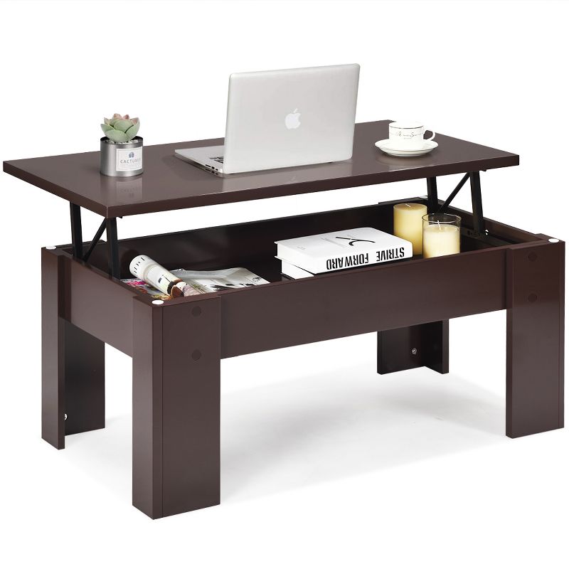 Costway Lift Top Coffee Table Pop-UP Cocktail Table w/Hidden Compartment & Shelf White\ Brown, 1 of 11
