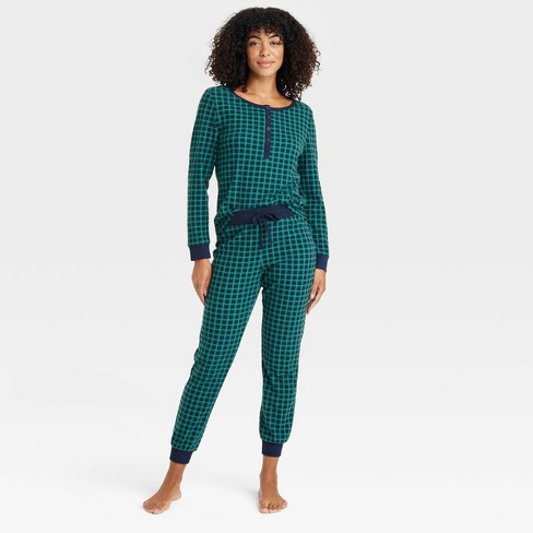 Women s Thermal Long Sleeve Henley Top And Jogger Pants Pajama Set Auden Green check L Target