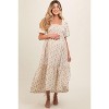 Pinkblush Cream Floral Smocked Square Neck Short Puff Sleeve Maternity Midi Dress - 2 of 4