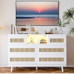 Whizmax Natural Rattan Dresser for Bedroom with LED Light and Charging Station, 6 Drawer Double Dressers, Modern Wooden Dresser Chest for Living Room - 1 of 4