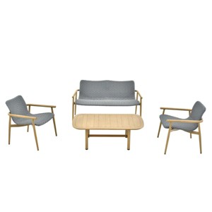 Layout Optimized Outdoor Seating Ensemble 4Piece Sofa & Armchair Set w/ Grid Weave & Planked Table - 1 of 4