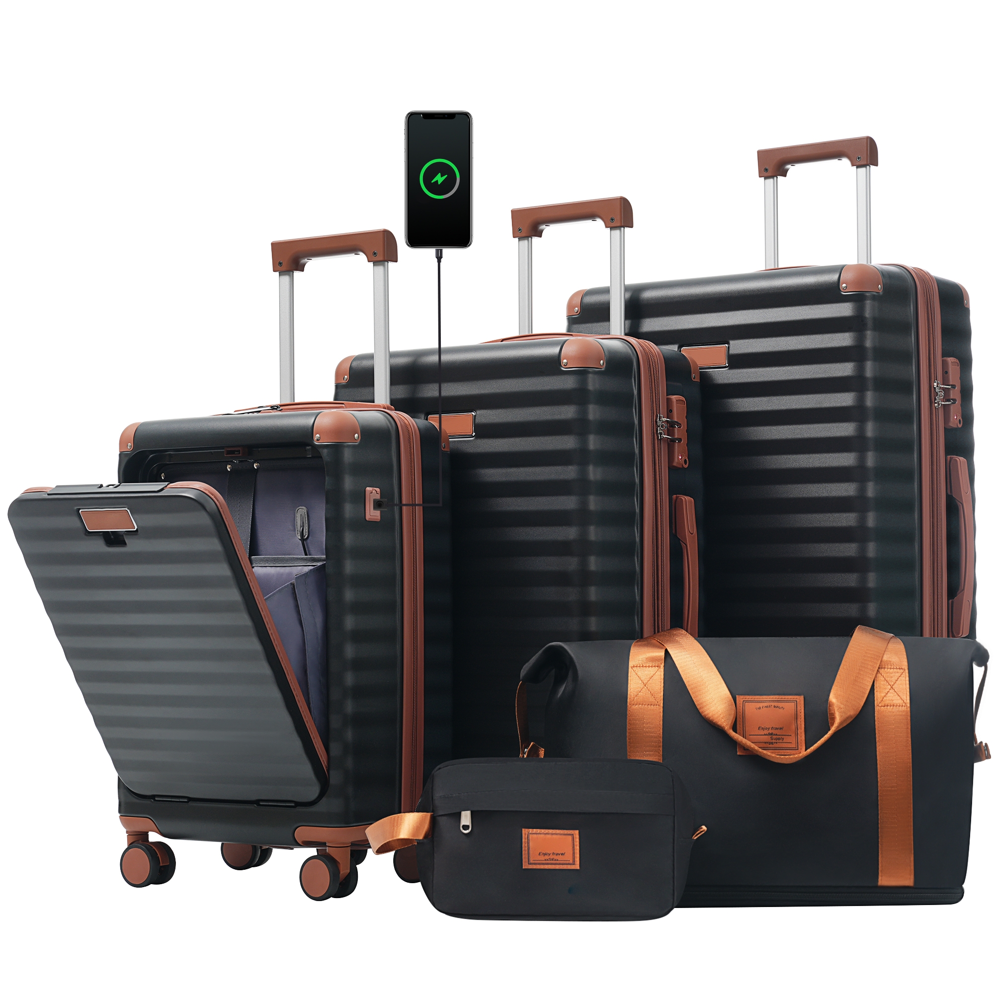 Merax 5-Piece Expandable Hardside Luggage Set with USB Port, Duffel Bag and Toiletry Bag, Black Brown