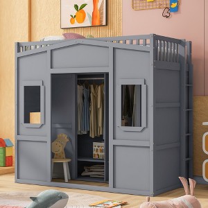 Twin Size House Loft Bed with Ladder and Wardrobe - 1 of 4