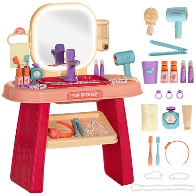 Qaba Kids Vanity Set, Toddler Makeup Table with Mirror, LED Light, Music, 23 Accessories, Pretend Play Set for Girls 3-6 Years