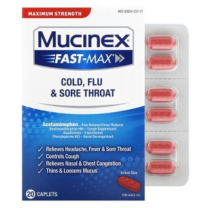 Mucinex Fast-Max Cold, Flue & Sore Throat, Maximum Strength, For Ages 12+, 20 Caplets - 1 of 2