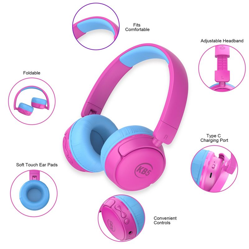 Contixo KB05 Kids Bluetooth Wireless Headphones -Volume Safe Limit 85db -On-The-Ear Adjustable Headset (Pink), 4 of 11