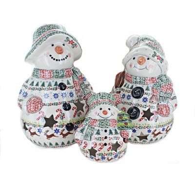 Blue Rose Polish Pottery 6400 Vena Snowman Luminary Set