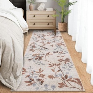 Acekool 2x6 Floral Runner Rug - Washable Vintage Non-Slip Kitchen Rug for Hallway, Entryway, Bedroom & Bathroom in Neutral Beige - 1 of 4