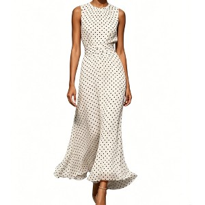 white polka dot chiffon dress White Polka Dots Ruched Chiffon Crew Neck Sleeveless A-Line Maxi Dress