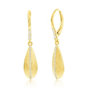 Bella Silver Sterling Silver, Long Pear-Shaped Brushed, CZ Earrings - Gold Plated - Gold - 1 of 2