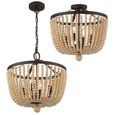 Rylee Forged Bronze 4-Light Semi-Flush Mount with Natural Wood Beads