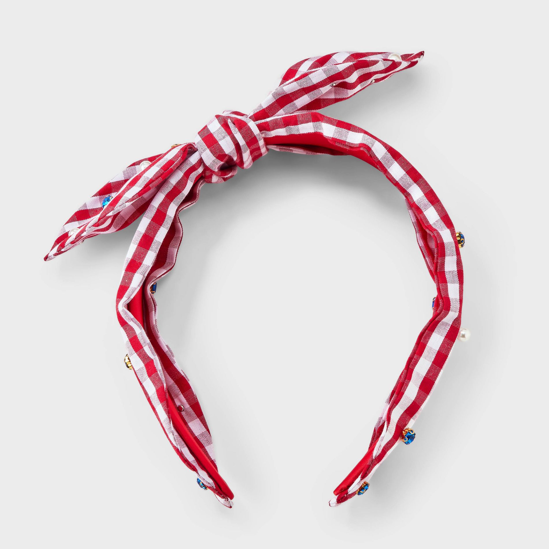 Americana Embellished Knot Bow Headband - Red Gingham