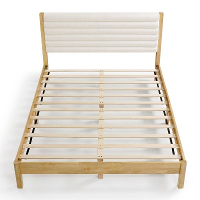 Natural Queen Platform Bed with Boucle Upholstered Headboard