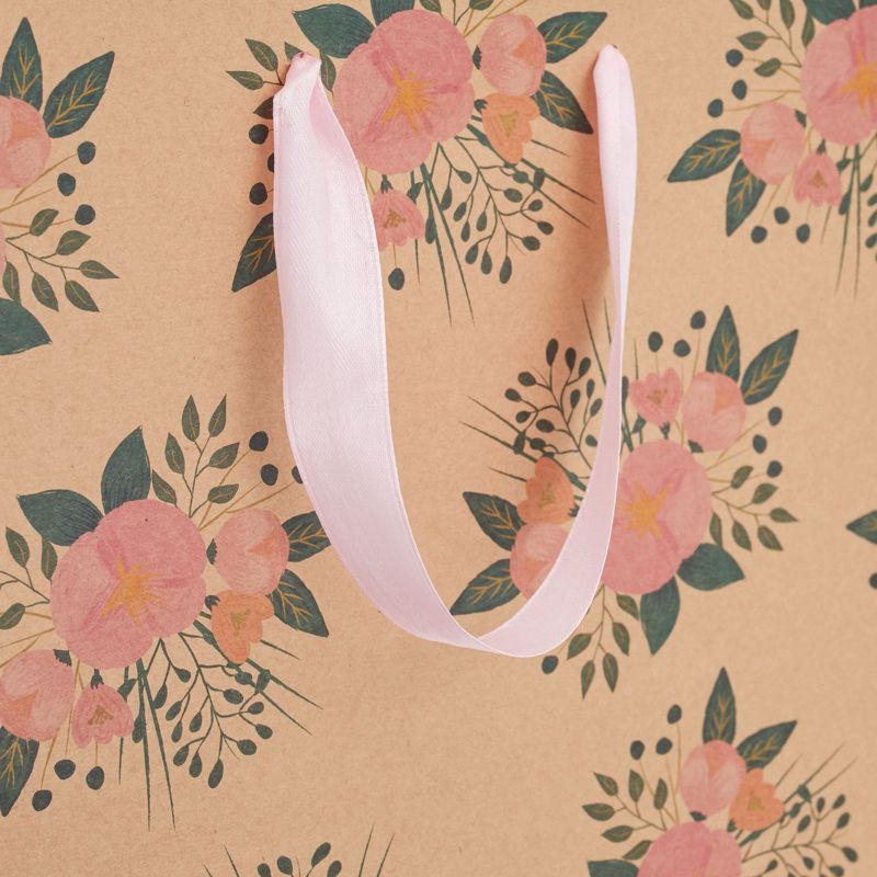 Juvale 24 Pack Kraft Paper Floral Gift Bags with Pink Ribbon Handles, 8x4x9 Inches, 2 Designs, For Themed Party Favors, 5 of 9