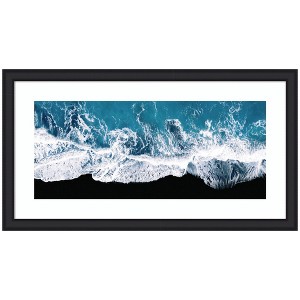 Kate and Laurel Framed Art Minimalist Ocean Waves on the Black Beach in Iceland Panel by Michael Schauer, 43x24, Oliver Black Narrow - 1 of 4