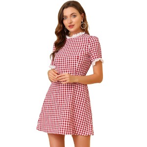 Allegra K Women's Summer Ruffle Neck Lace Panel Short Sleeve Check Gingham Dress - 1 of 4