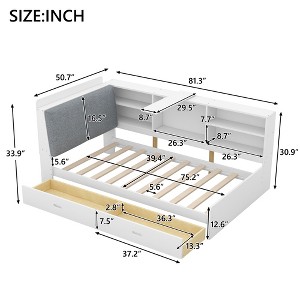 Gulches Wood Twin Size Platform Bed with Storage Headboard, Built-in Shelves and 2 Drawers, White - Sturdy Pine Wood & MDF Frame - 1 of 4