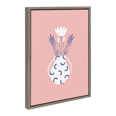 Pink and Gray Minimalist Canvas Art Print with Floral Design, 18x24