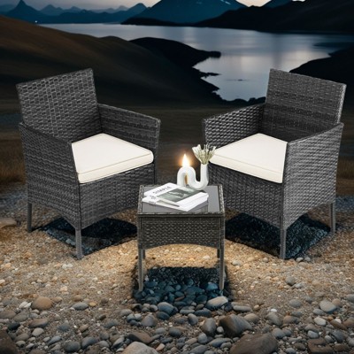 INFURNIC Patio Dining Sets Set 3 Pieces Patio Furniture, Outdoor with Glass Table, Wicker Rattan Patio Chair for Garden, Terrace, Black, 23"*22"*31.4"