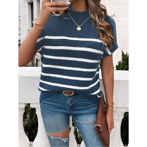 Women's Color Block Short Sleeve Sweater - Stylish Casual Knit Pullover Top with Contrast Trim - 1 of 4