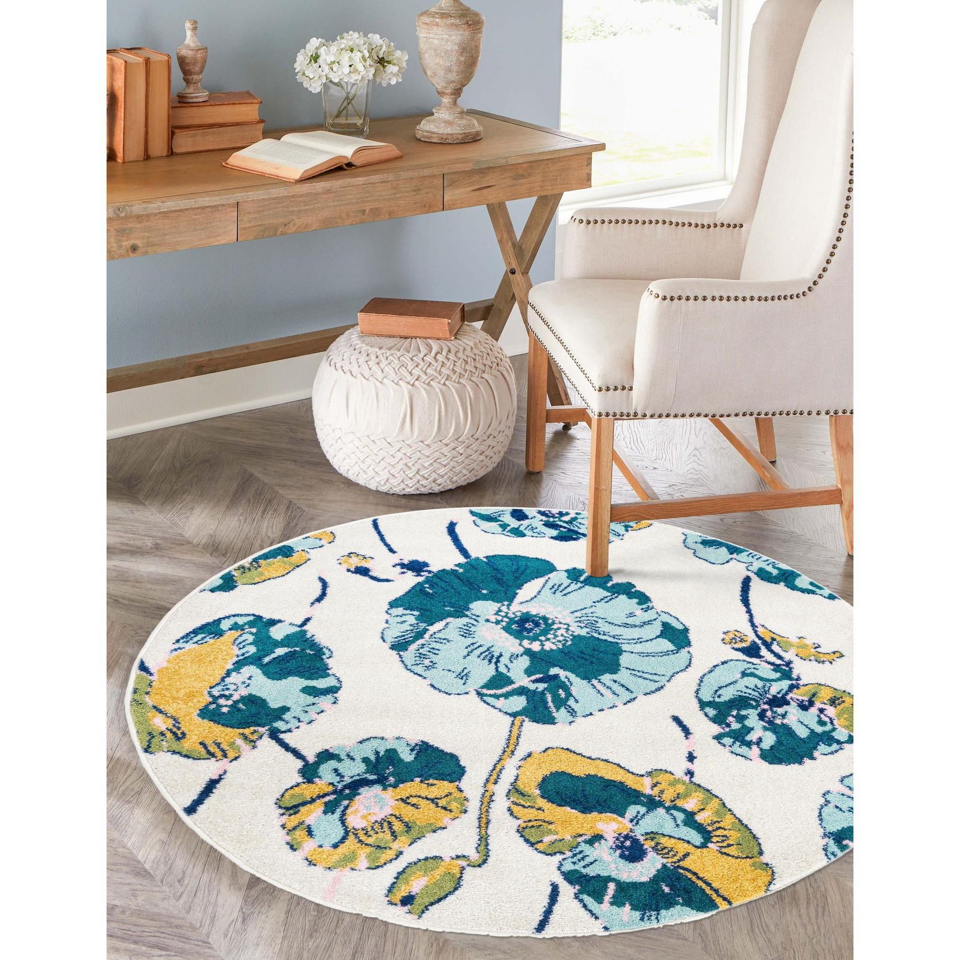 Unique Loom Bloom Collection Area Rug - Iris (6'  Round White/Light Blue)