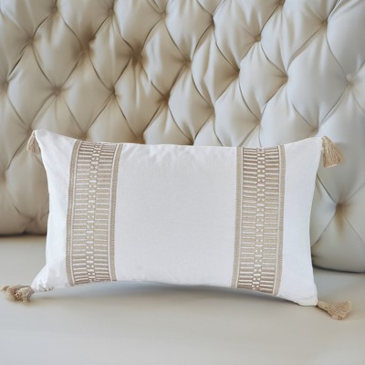 Cream Embroidered Cotton Oblong Decorative Pillow with Tassels
