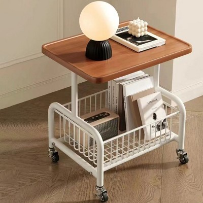 Hachikiko Frame & Walnut Concave Design Rolling Side Table with Storage Basket - 360° Silent Wheeled Mobile End Table