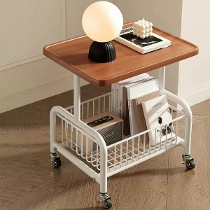 Hachikiko Frame & Walnut Concave Design Rolling Side Table with Storage Basket - 360° Silent Wheeled Mobile End Table - 1 of 2