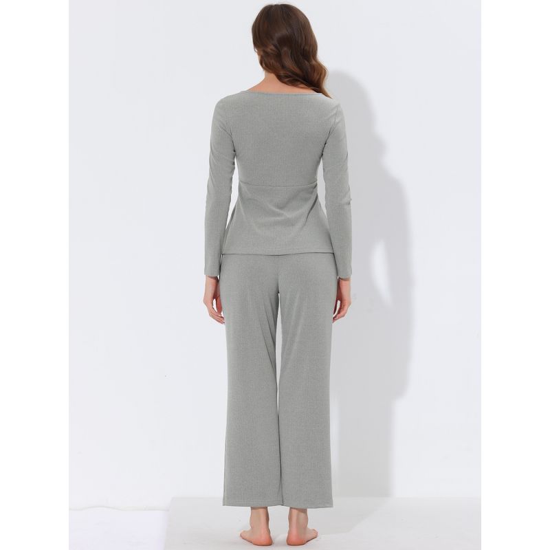 cheibear Women's Sleepwear Lounge Ribbed Knit Peplum Tops with Lace Long Sleeve Pajamas Set, 3 of 6