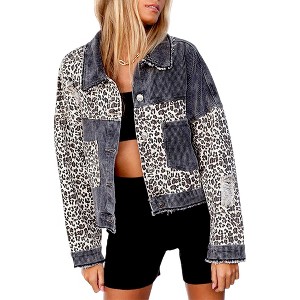 Anna-Kaci Women's Leopard Print Long Sleeve Crop Denim Jacket for Casual Looks - 1 of 4