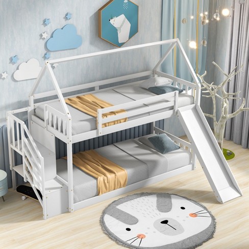 Twin Over Twin Bunk Bed In House Shape With Slide And Storage Staircase,  White-Modernluxe : Target