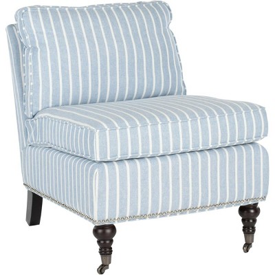 Blue and White Striped Linen Slipper Chair with Wooden Spindle Legs