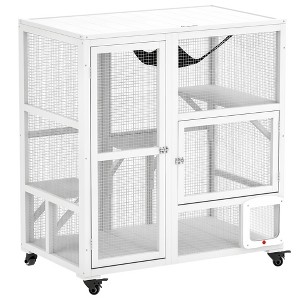 PawHut Indoor Wooden Catio, Cat House Cat Enclosure on Wheels with 3 Platforms, Hammock, Cat Flap & Openable Top, Luxury Kitty House for 2 Cats - 1 of 4