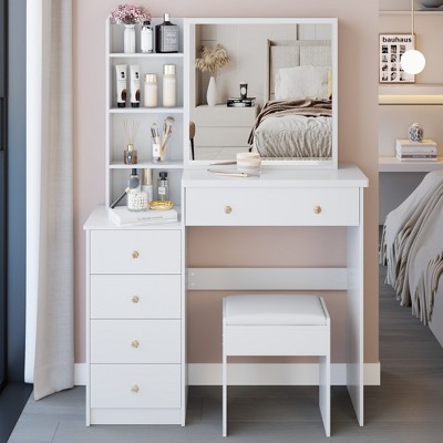 VYNXARIA 37"Middle Size Left Bedside Cabinet Vanity Table&Cushioned Stool,Extra Large Right sliding mirror,Suitable For Large Space,White
