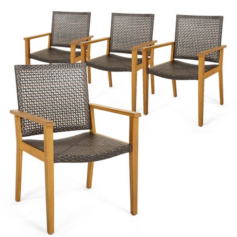 Costway Set Of 4 Patio Dining Chairs Outdoor Acacia Wood Rattan 