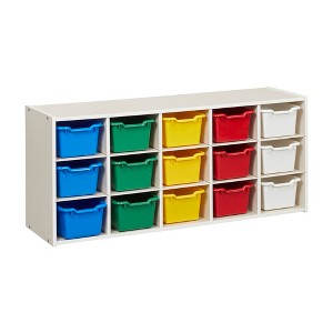 ECR4Kids Streamline 15 Cubby Tray Cabinet with 15 Scoop Front Storage Bins, 3x5, White Wash - 1 of 4
