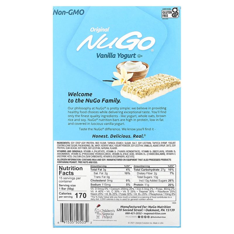 NuGo Protein Bar, Vanilla Yogurt, 11g Protein, 170 Calories, Gluten Free, 1.76 Ounce each, 15 Count (Pack of 1), 2 of 4