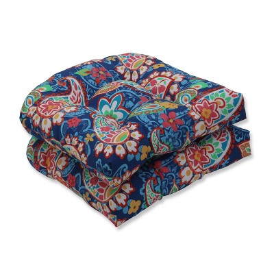 2pk Paisley Party Wicker Outdoor Seat Cushions Blue - Pillow Perfect