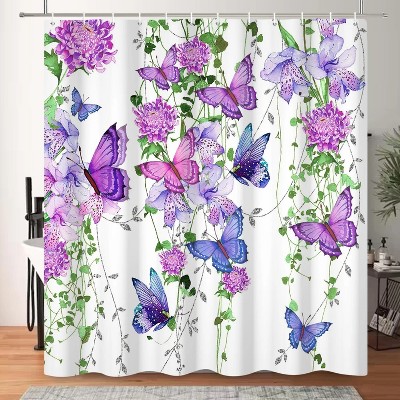 LunaLulinlk Purple Buttlefly Shower Curtain Floral Waterproof Fabric Bathroom Curtain 72x72 in
