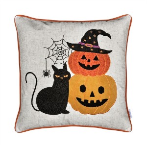 Tramull Halloween Embroidered Pillow, Black Cat & Pumpkin Stack Design, Spooky Decor Accent Cushion - 1 of 4