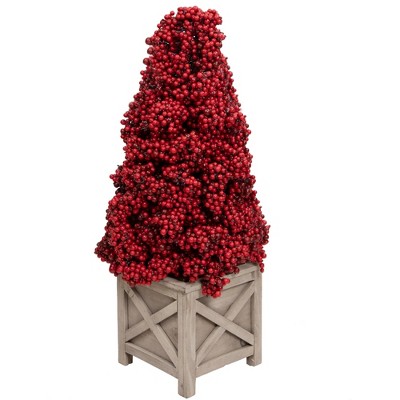 24" Red Berry Cone Potted Christmas Topiary with Wooden Base
