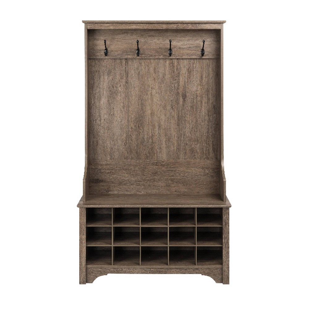 Prepac Hall Tree with Shoe Storage Drifted Gray : Entryway Organizer, Mudroom Bench, 4 Hooks, 15 Cubbies