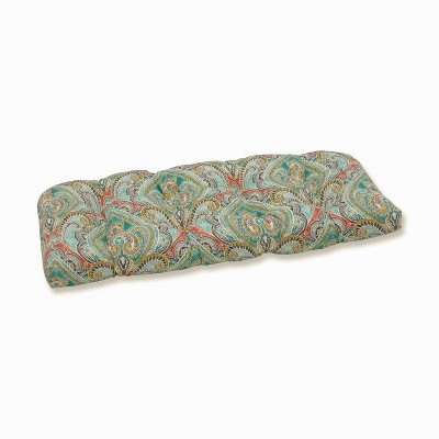 Pretty Witty Reef Wicker Outdoor Loveseat Cushion Blue - Pillow Perfect: Weather-Resistant Bench Seat, Tufted, Fade-Resistant