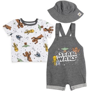 Star Wars Chewbacca R2-D2 Yoda Baby French Terry Short Overalls T-Shirt and Hat 3 Piece Outfit Set Newborn to Infant - 1 of 4