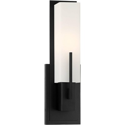 Possini Euro Design Modern Wall Light Sconce Black Hardwired 15" High Fixture Rectangular Opal Glass for Bedroom Bathroom Hallway