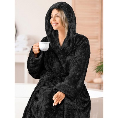 Large-X-Large Black Hooded Fleece Bathrobe with Pockets