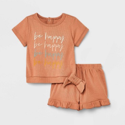 Image of Grayson Mini Baby Girls' 2pc 'Be Happy' Top & Shorts Set - Tan 0-3M