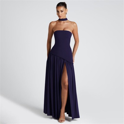 Clotth Women's Strapless Maxi Dress - Halter Neckline with Draped Back Detail, Long Skirt with Streamers,Backless Dress with Slit