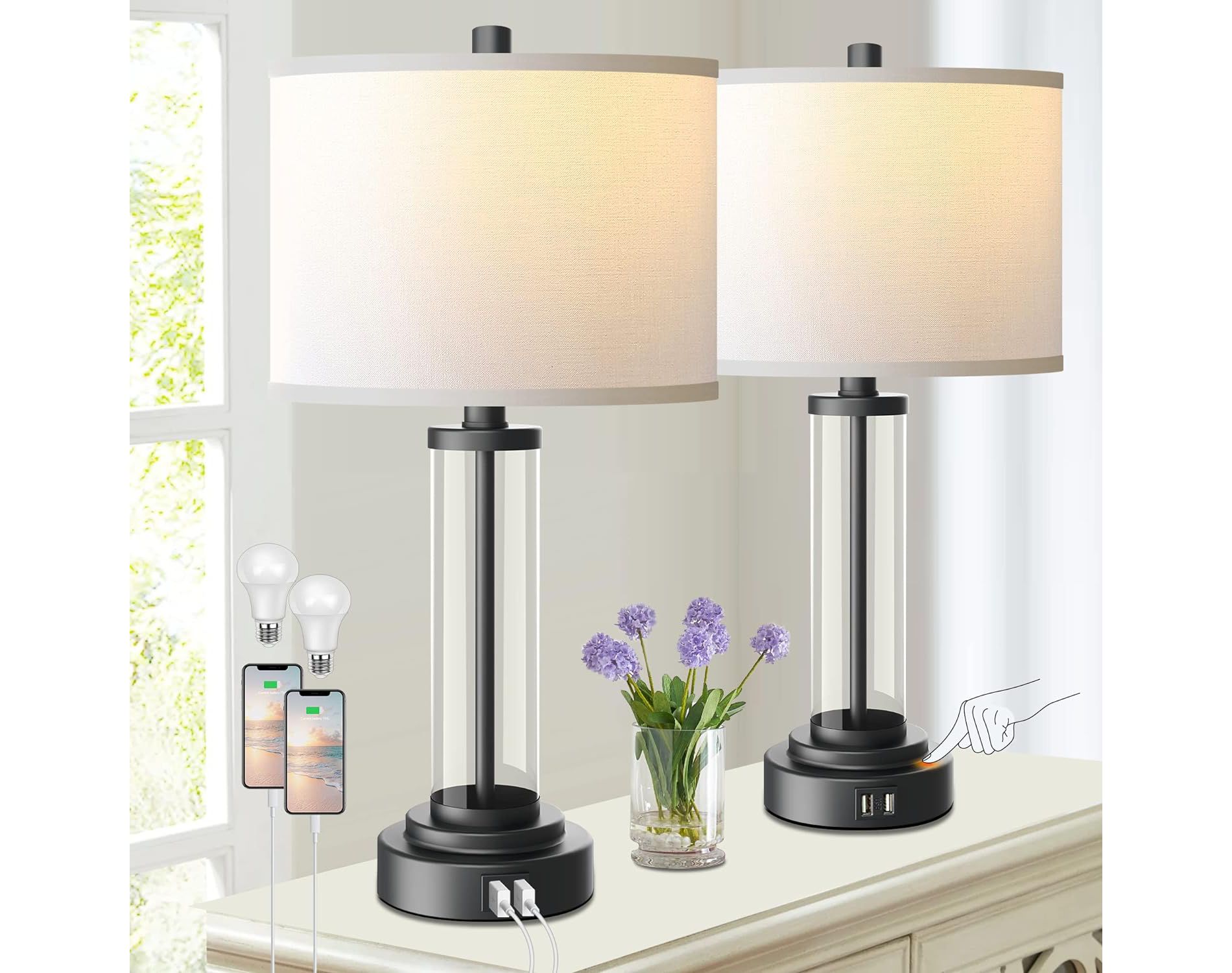 ROTTOGOON 22.15" Table Lamps Set of 2 Modern Black Bedside Nightstand Lamp Touch Control 3-Way Dimmable USB Ports 2 LED Bulbs Included