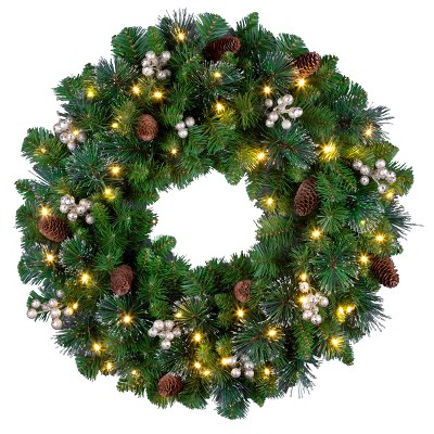 24" Prelit Silver Glitter Bristle Crestwood Spruce Artificial Wreath with Pine Cones & Gold Berries White Lights - National Tree Company